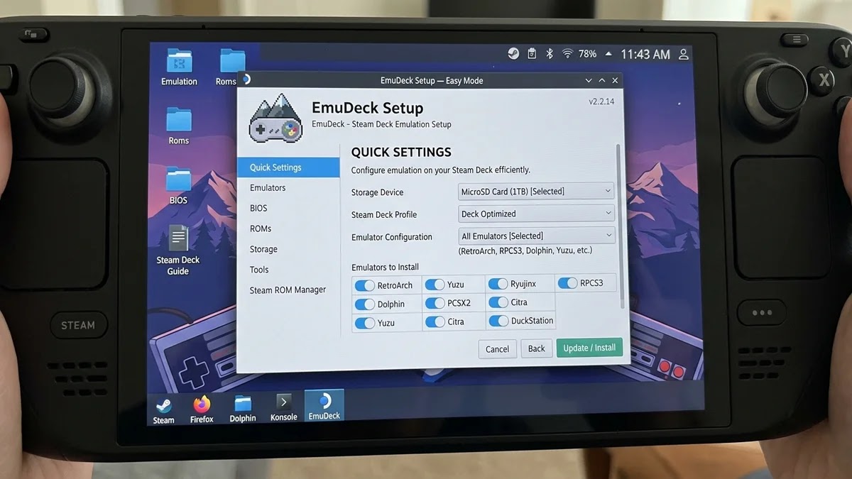 واجهة Steam Deck في وضع Desktop Mode مع نافذة إعداد EmuDeck مفتوحة بأسلوب Screenshot واقعي واضح