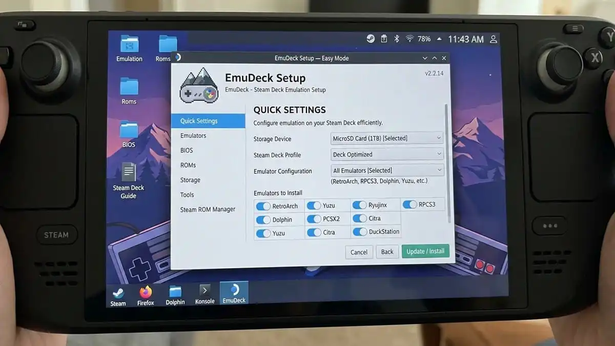 واجهة Steam Deck في وضع Desktop Mode مع نافذة إعداد EmuDeck مفتوحة بأسلوب Screenshot واقعي واضح
