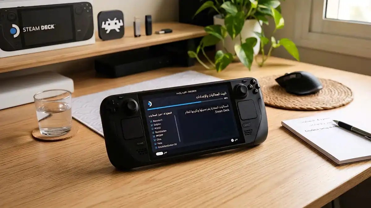 شاشة تثبيت EmuDeck مع خطوات إعداد ظاهرة على Steam Deck داخل مكتب نظيف بأسلوب تعليمي تقني