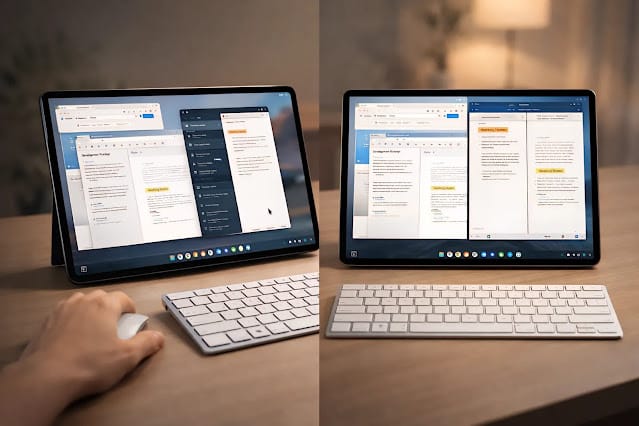 الفرق بين التحكم المتعدد وتقسيم الشاشة في أجهزة Galaxy Tab مقارنة بين ميزة التحكم المتعدد وتقسيم الشاشة في أجهزة Galaxy Tab باستخدام لوحة مفاتيح وماوس واحد
