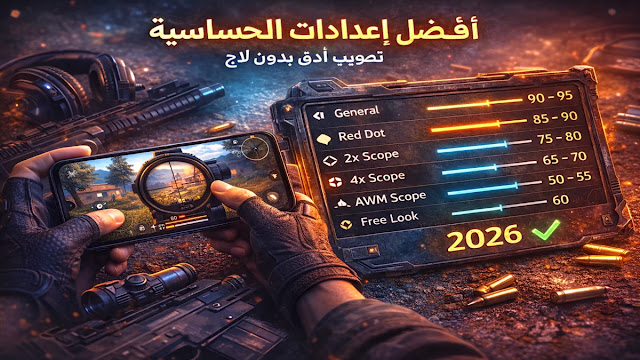 حساسية Free Fire 2026 موضحة بصريًا لتصويب أدق وتقليل اللاج على الهواتف الضعيفة والمتوسطة