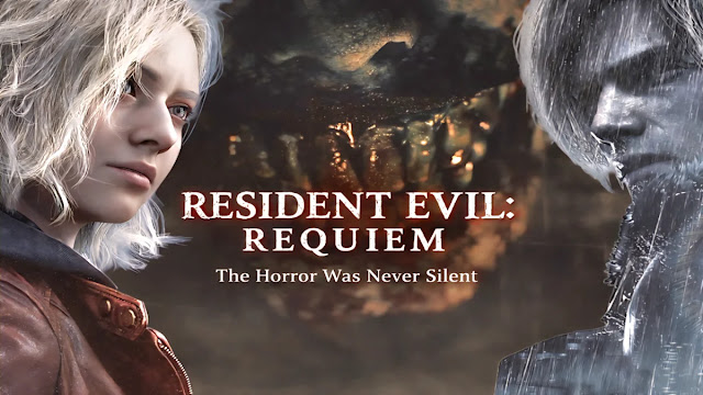 صورة ترويجية للعبة Resident Evil Requiem تُبرز عودة الرعب النفسي مع حضور تهديد مخيف في الخلفية