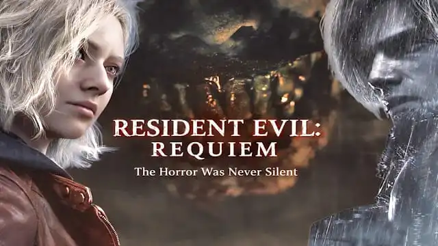 صورة ترويجية للعبة Resident Evil Requiem تُبرز عودة الرعب النفسي مع حضور تهديد مخيف في الخلفية