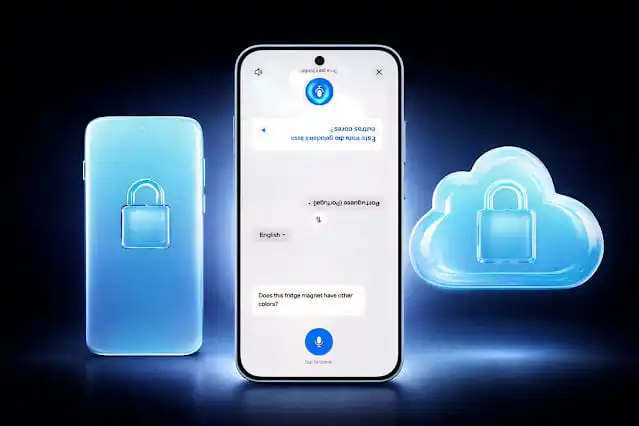 ذكي متكامل في OPPO Reno15 Pro 5G – الخصوصية أولًا دمج بصري يوضّح ميزات الأمان في OPPO Reno15 Pro 5G، يشمل قفل الهاتف الذكي، السحابة الحاسوبية الخاصة، والترجمة بالذكاء الاصطناعي لحماية البيانات في 2026