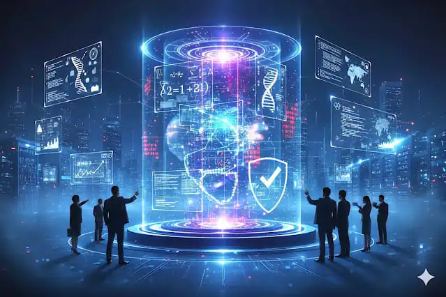 بيئة تكنولوجية متطورة تحتوي على خوادم سحابية وشاشات رقمية تعرض بيانات علمية ورياضية معقدة، ترمز لتفوق الذكاء الاصطناعي في تحليل البيانات الكبيرة.