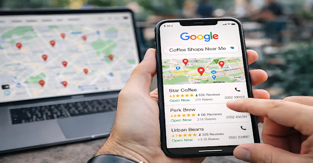 نتائج Google Maps للأعمال المحلية والتقييمات عرض نتائج Google Maps لنشاطات تجارية محلية مع التقييمات والموقع
