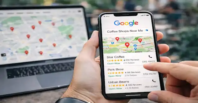 نتائج Google Maps للأعمال المحلية والتقييمات عرض نتائج Google Maps لنشاطات تجارية محلية مع التقييمات والموقع