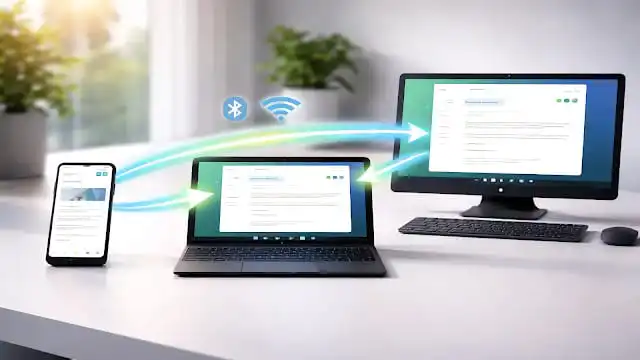 مخطط يوضح تدفق نقل النشاط بين الهاتف والجهاز اللوحي وجهاز الكمبيوتر.