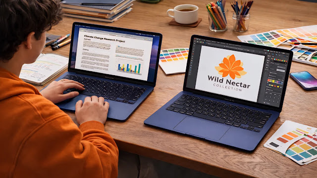 طالب ومصمم يستخدم MacBook Neo لإنجاز المشاريع الدراسية والإبداعية