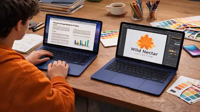 طالب ومصمم يستخدم MacBook Neo لإنجاز المشاريع الدراسية والإبداعية