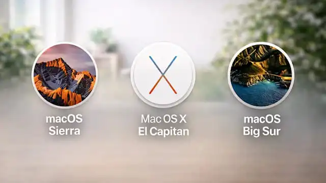 صورة رقمية تعرض ثلاثة أجهزة Apple: MacBook Pro وiMac وMacBook Air، كل جهاز يظهر خلفية مختلفة تمثل إصدارات macOS المختلفة مثل Sierra وEl Capitan وBig Sur، موضوعة على مكتب عصري مع إضاءة طبيعية وعناصر مكتبية مثل لوحة مفاتيح، فأرة، وAirPods.