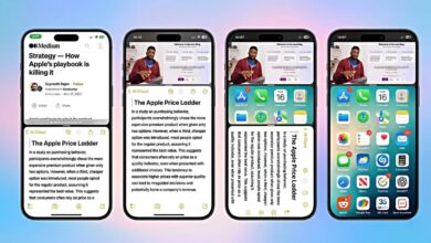 تصميم تخيلي لميزة تقسيم الشاشة (Split-Screen) في نظام iOS 27 على هاتف آيفون.