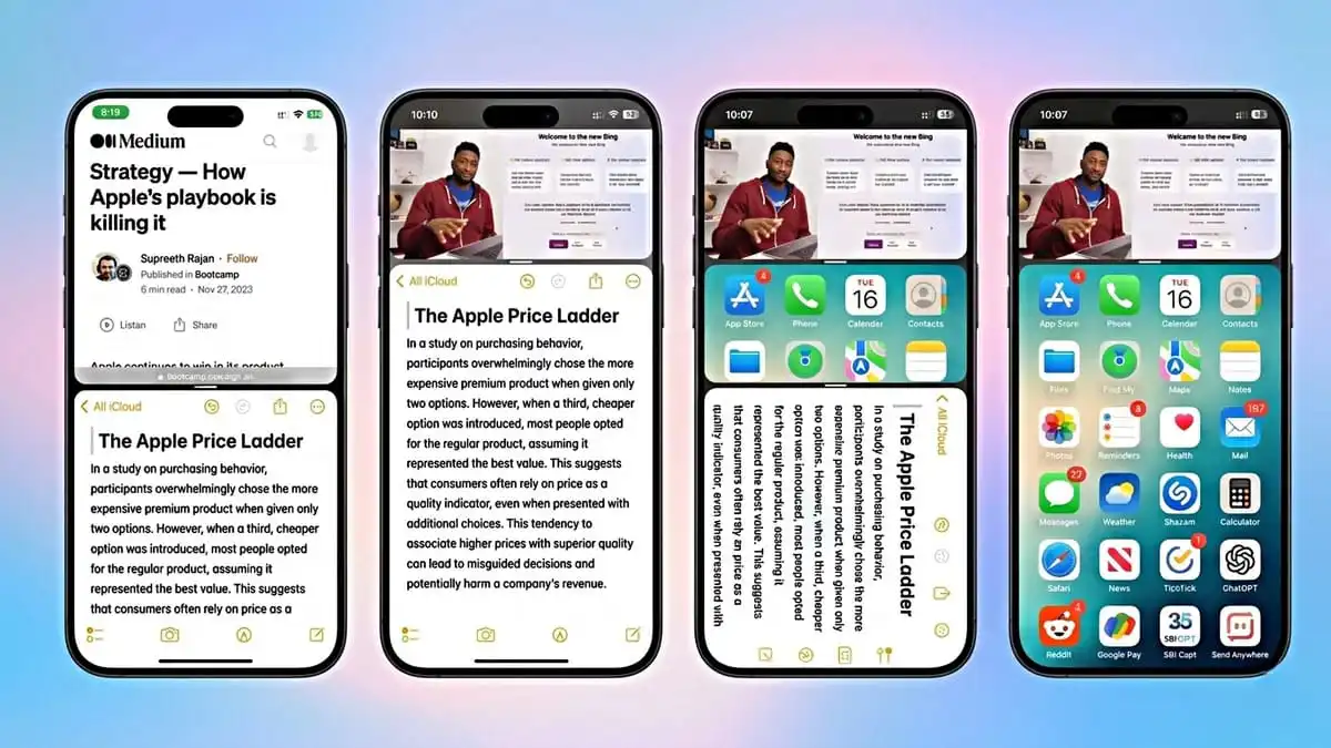 تصميم تخيلي لميزة تقسيم الشاشة (Split-Screen) في نظام iOS 27 على هاتف آيفون.