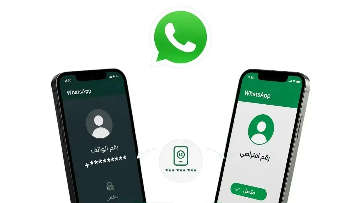 تطبيق واتساب مع رقم هاتف مخفي ورمز أمان، يوضح فكرة استخدام واتساب بدون رقم في 2026