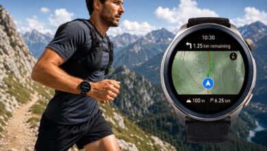 عداء يستخدم ساعة Amazfit Balance 2 أثناء الجري مع ميزة الملاحة الجديدة دون إنترنت.
