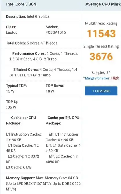 نتائج اختبار معالج Intel Core 3 304 على منصة PassMark.