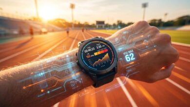 ساعة رياضية ذكية تعرض مؤشر VO2 Max الخاطئ مع تأثيرات رقمية على مضمار جري أثناء الغروب