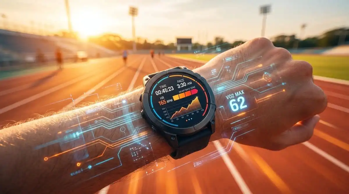 ساعة رياضية ذكية تعرض مؤشر VO2 Max الخاطئ مع تأثيرات رقمية على مضمار جري أثناء الغروب