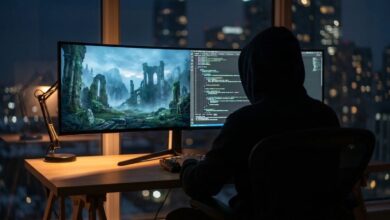 مطور ألعاب يجلس أمام شاشة كمبيوتر مضيئة بتصميم سينمائية نظيف يعبر عن مستقبل التطوير والذكاء الاصطناعي.