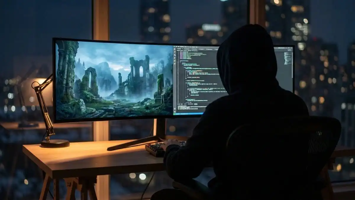 مطور ألعاب يجلس أمام شاشة كمبيوتر مضيئة بتصميم سينمائية نظيف يعبر عن مستقبل التطوير والذكاء الاصطناعي.