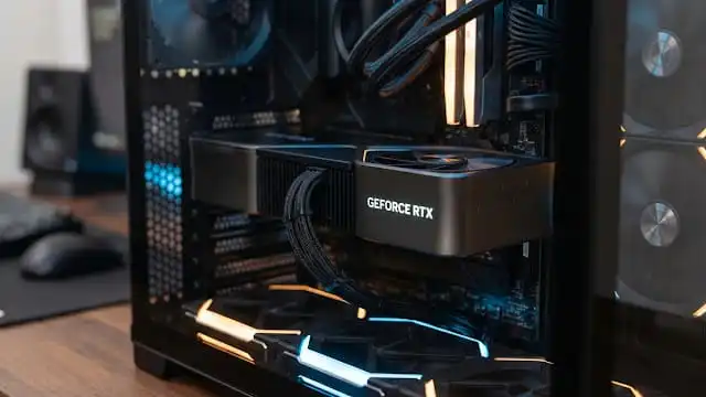 كارت شاشة Nvidia GeForce RTX داخل كيسة كمبيوتر مضيئة يعبر عن أسعار كروت الشاشة المرتفعة
