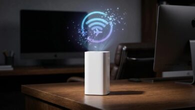 أيقونة تطبيق AirPort Utility من آبل تتلاشى رقمياً مع جهاز راوتر كلاسيكي، تعبيراً عن إيقاف الدعم في أنظمة iOS 27