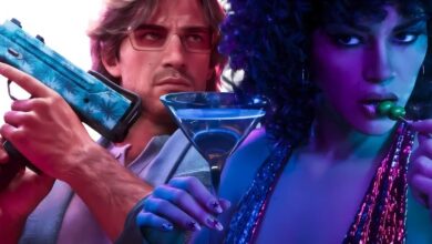 بوستر مدمج لشخصيات لعبة GTA 6 جيسون ولوسيا مع الأسلحة الفاخ