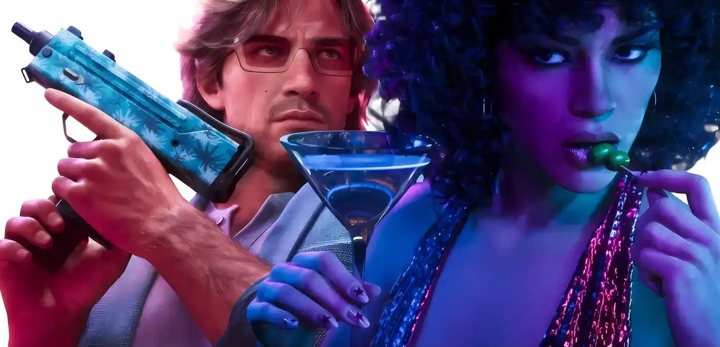 بوستر مدمج لشخصيات لعبة GTA 6 جيسون ولوسيا مع الأسلحة الفاخ