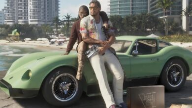 علبة النسخة الفاخرة للعبة GTA 6 مع خريطة مدينة فايس سيتي ومضاءة بنور الشمس الطبيعي لتعبر عن تفاصيل ومكافآت الحجز المسبق للمنصة