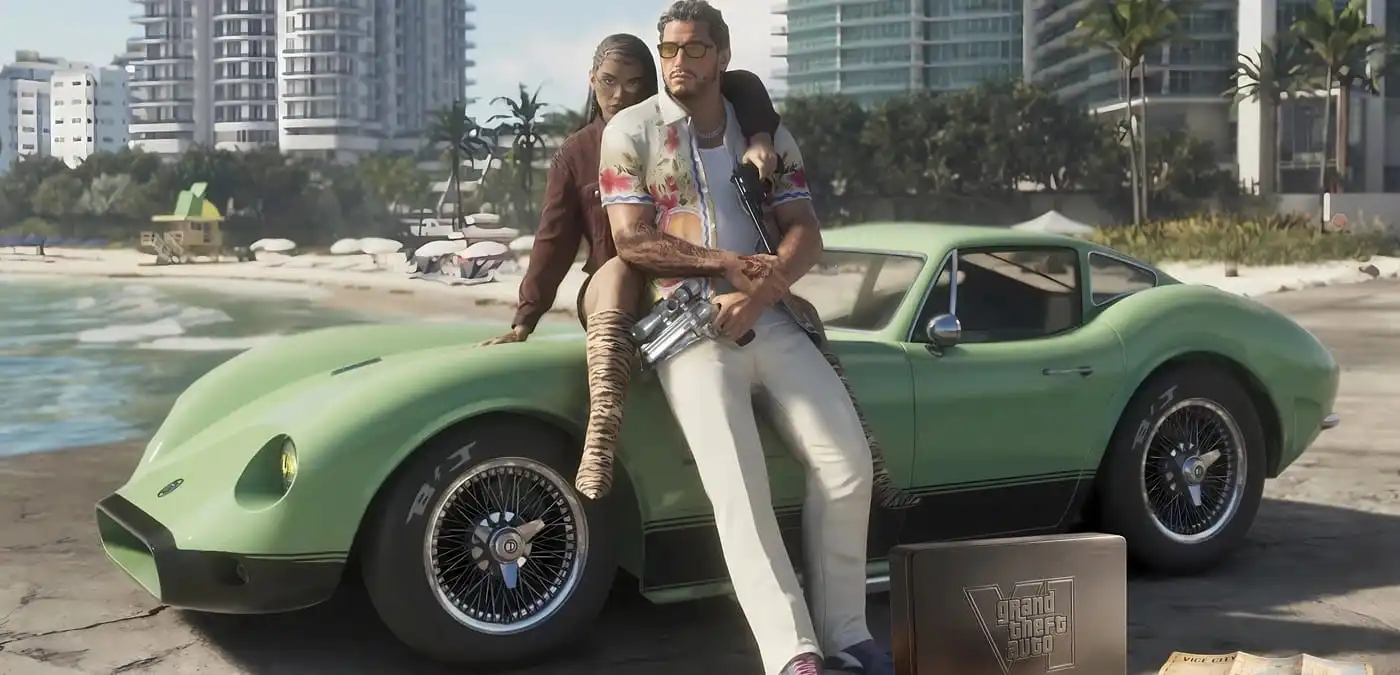 علبة النسخة الفاخرة للعبة GTA 6 مع خريطة مدينة فايس سيتي ومضاءة بنور الشمس الطبيعي لتعبر عن تفاصيل ومكافآت الحجز المسبق للمنصة