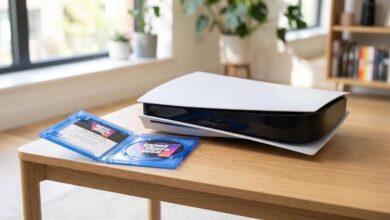 جهاز بلايستيشن 5 النسخة الرقمية بجانب علبة لعبة GTA 6 خالية من الأقراص ومضاء بنور الشمس الطبيعي ليعبر عن أزمة التعديل الإعلاني الأخير لسوني