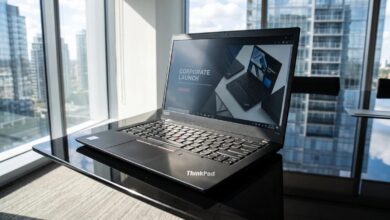لابتوب لينوفو ثينك باد ThinkPad T14s Gen 7 موضوع مفتوحاً على مكتب خشبي ومضاء بنور الشمس الطبيعي الساطع لبيان مواصفات وأسعار الجهاز الجديد.