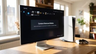 شاشة كمبيوتر تعرض بلاغ شركة سوني لحذف محتويات وأفلام متجر بلايستيشن ستور ومضاءة بنور الشمس الطبيعي الساطع لبيان أزمة تراخيص ستوديو كانال.