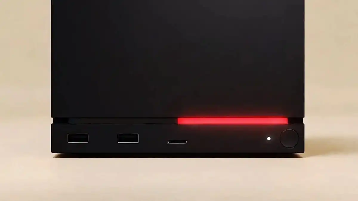 جهاز Steam Machine مع ظهور نصف شريط أحمر على الواجهة الأمامية يشير إلى عطل محتمل في وحدة معالجة الرسومات وفق رموز Valve