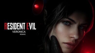 تصميم فني للعبة Resident Evil Veronica يُظهر كلير ريدفيلد مع شعار اللعبة بعد إعلان كابكوم عن إصدارها في عام 2027