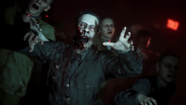 لقطة من لعبة Resident Evil Veronica تُظهر مجموعة من الزومبي والأجواء المظلمة بعد إعادة تطوير اللعبة بمحرك RE Engine