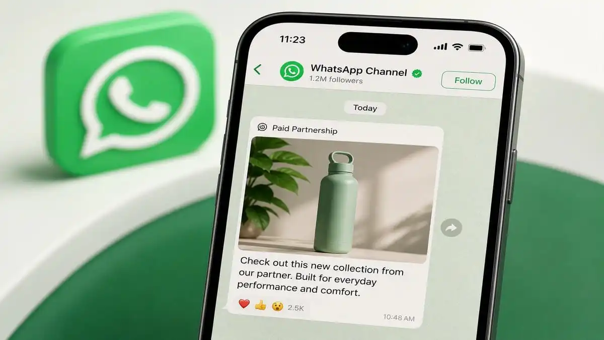 ميزة الشراكة المدفوعة الجديدة في قنوات واتساب على iPhone.