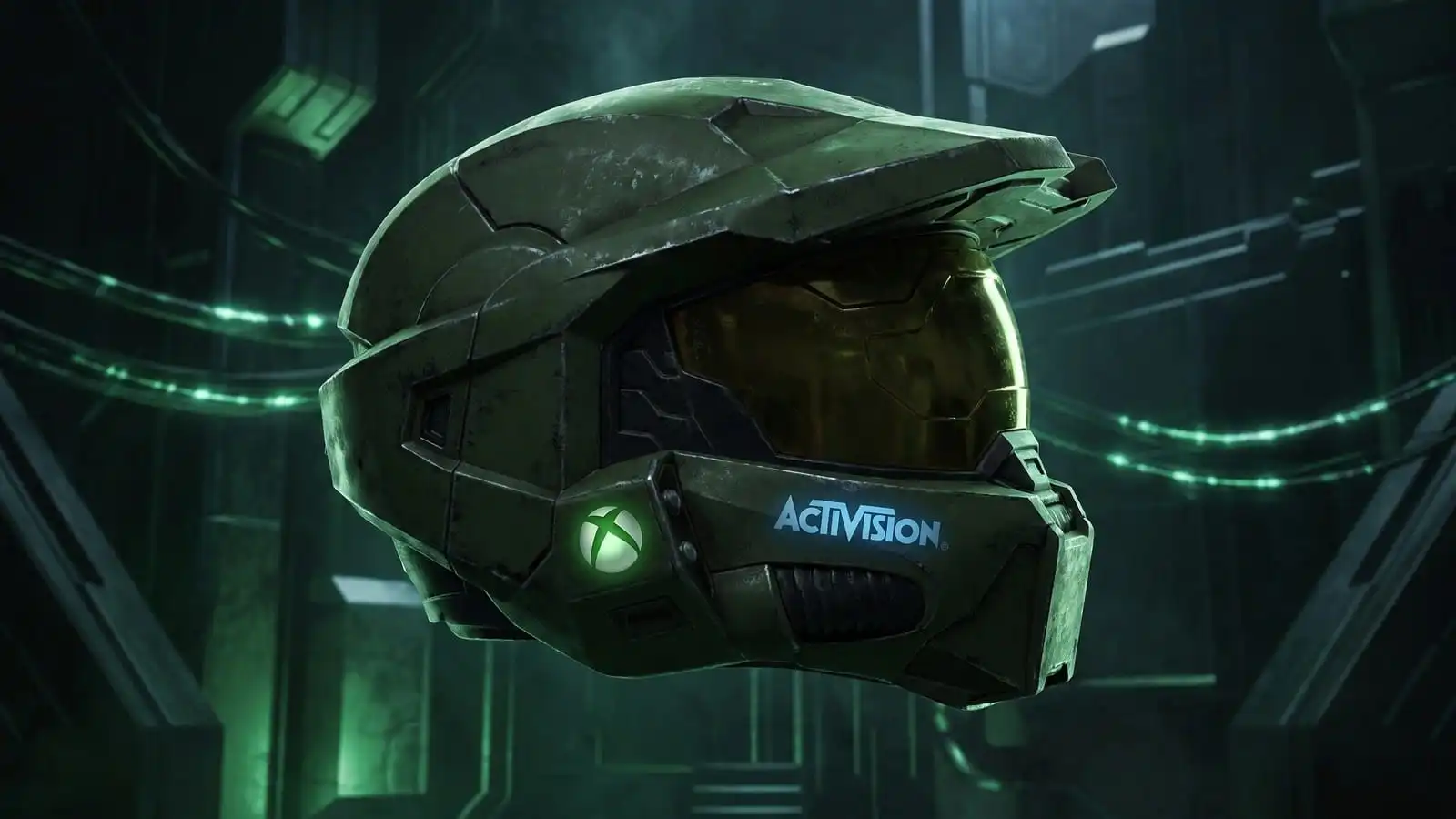 خوذة Master Chief مع شعارات Xbox وActivision في خلفية داكنة بطابع خيال علمي.