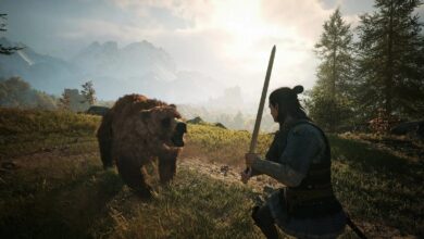 لعبة The Blood of Dawnwalker تُظهر مواجهة بين البطل ودب داخل عالم اللعبة المفتوح