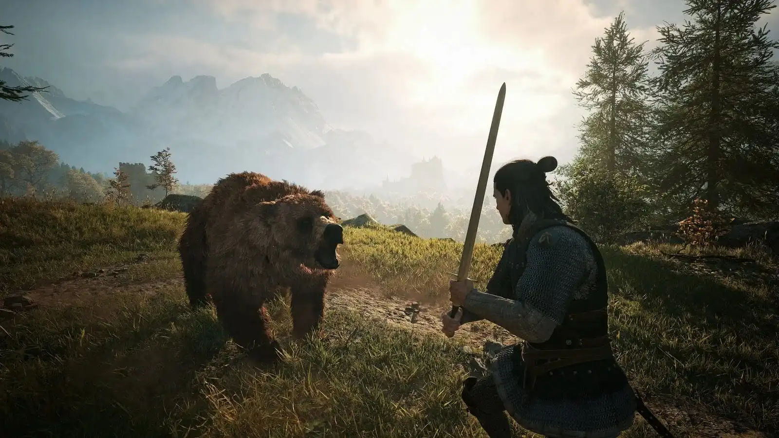 لعبة The Blood of Dawnwalker تُظهر مواجهة بين البطل ودب داخل عالم اللعبة المفتوح