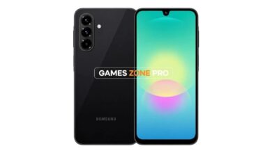 صورة توضيحية لهاتف Samsung Galaxy A18 بتصميم مسرب مع شعار Games Zone Pro