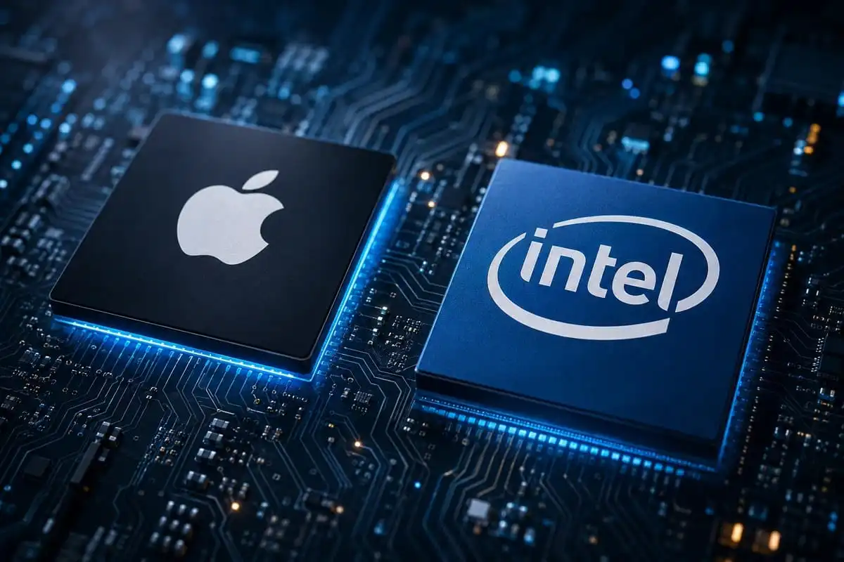 رقائق Apple وIntel في صورة توضيحية حول التعاون في تصنيع الرقائق وتأثيره المحتمل على أسعار iPhone وMac.