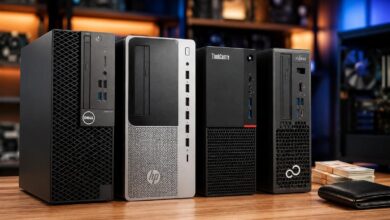 كيسة كمبيوتر مستعملة تضم أجهزة Dell وHP وLenovo داخل متجر في مصر