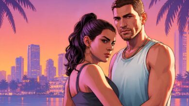 صورة فنية لشخصيتي GTA 6 تعبر عن سبب تأخر إصدار اللعبة على الكمبيوتر بعد تصريحات منتج سابق في Rockstar.