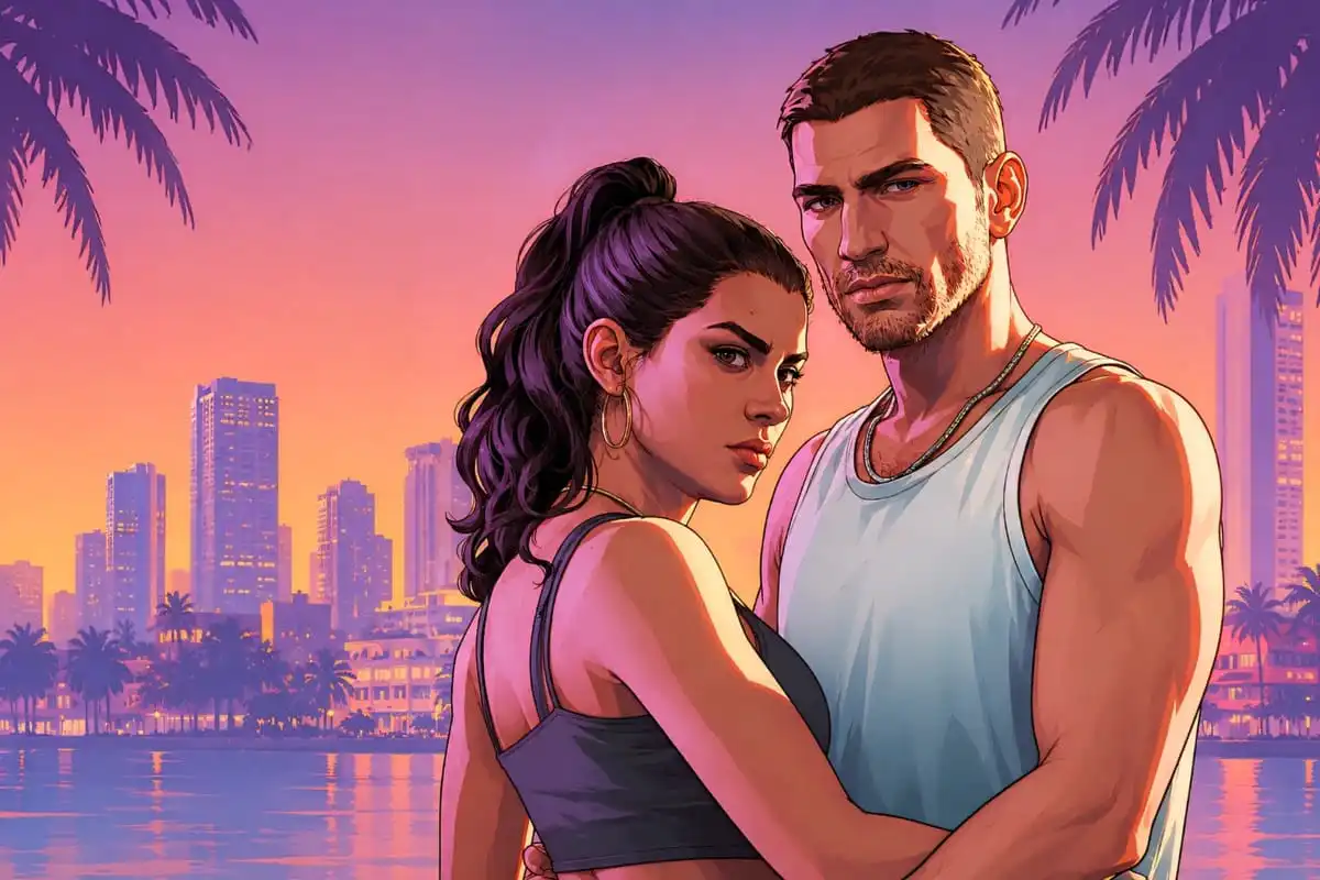 صورة فنية لشخصيتي GTA 6 تعبر عن سبب تأخر إصدار اللعبة على الكمبيوتر بعد تصريحات منتج سابق في Rockstar.