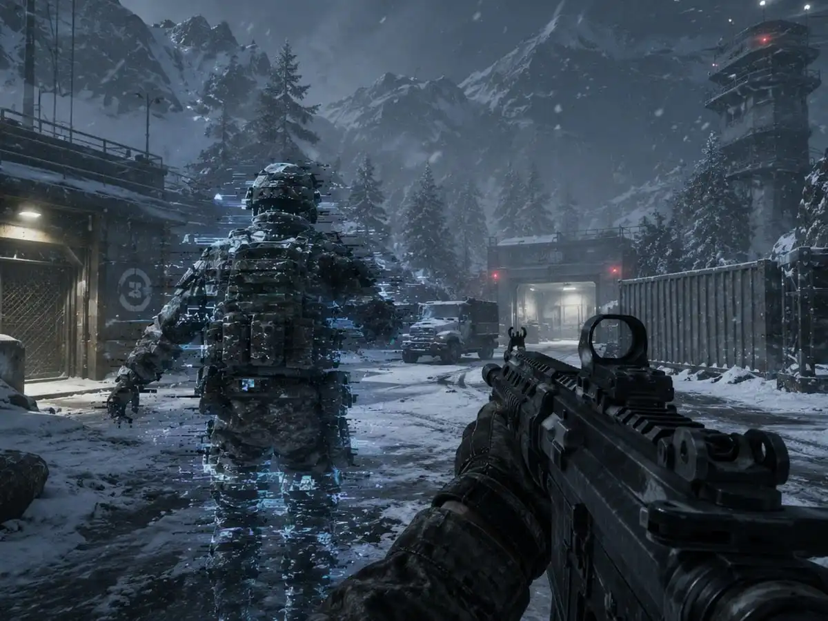 مشهد داخل لعبة تصويب بأسلوب Call of Duty يظهر خللًا في أحد اللاعبين أثناء مباراة جماعية على PS5