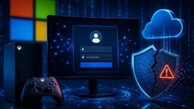 شاشة تسجيل دخول لحساب Microsoft مع جهاز Xbox ورمز قفل مكسور وسحابة OneDrive ترمز إلى حماية الحسابات الرقمية.