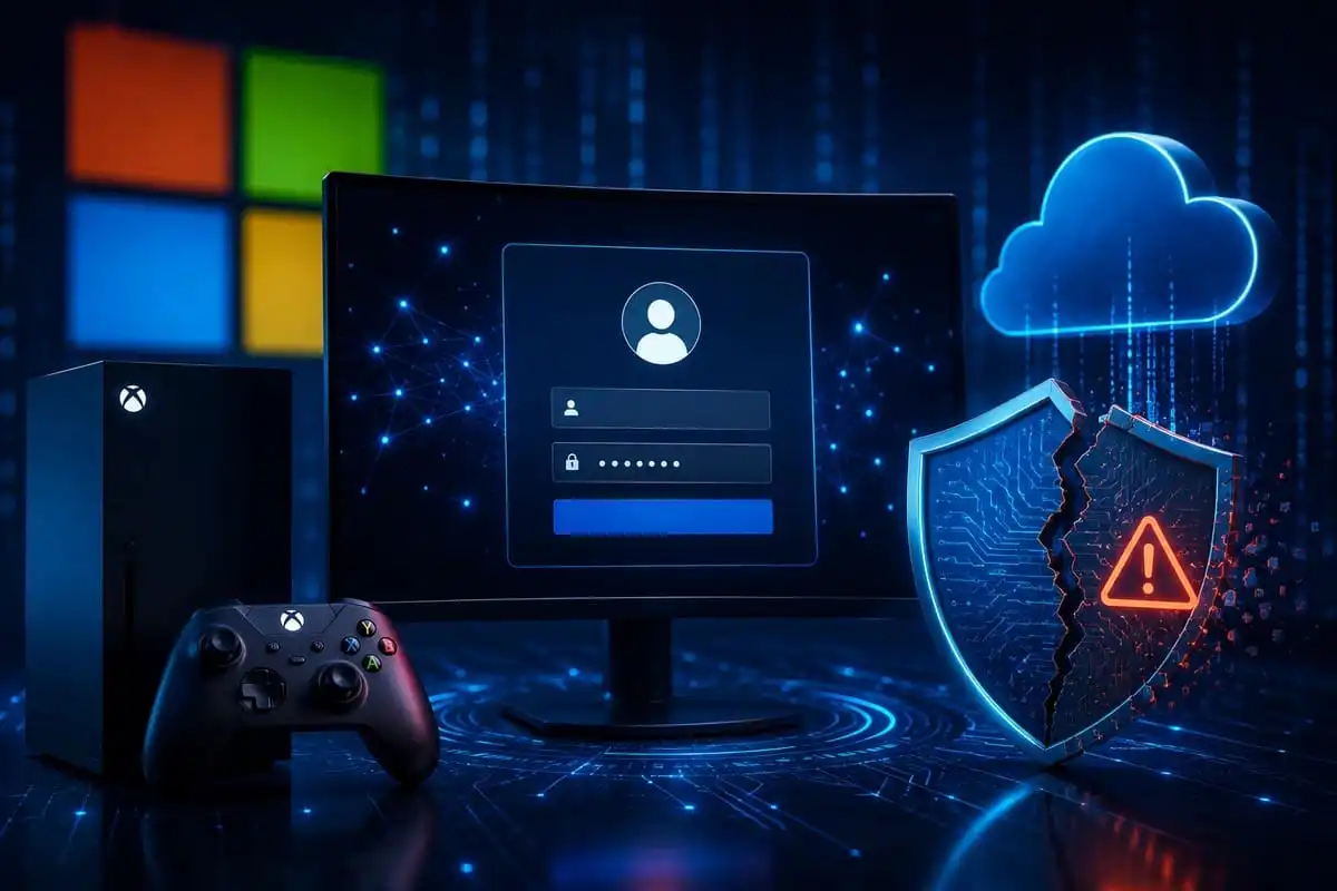 شاشة تسجيل دخول لحساب Microsoft مع جهاز Xbox ورمز قفل مكسور وسحابة OneDrive ترمز إلى حماية الحسابات الرقمية.