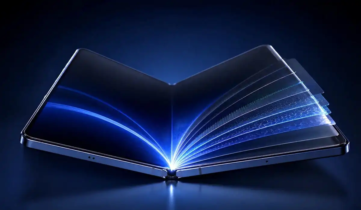 تصميم يوضح تقنية Samsung Flex Titanium داخل شاشة هاتف Galaxy القابل للطي