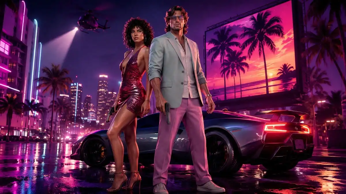 شخصيتا GTA 6 تقفان أمام سيارة رياضية في مدينة Vice City ليلًا وسط أجواء سينمائية